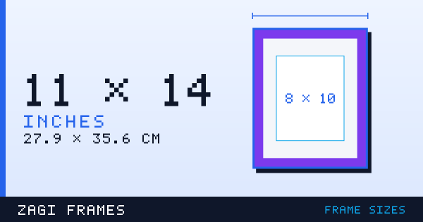 Scale diagram of a 11 by 14 inch picture frame, with a mat opening for a 8 by 10 inch print, showing the moulding, mat and artwork opening