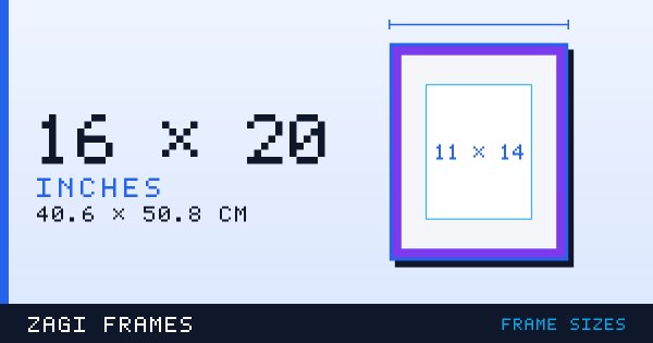 Scale diagram of a 16 by 20 inch picture frame, with a mat opening for a 11 by 14 inch print, showing the moulding, mat and artwork opening