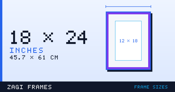 Scale diagram of a 18 by 24 inch picture frame, with a mat opening for a 12 by 18 inch print, showing the moulding, mat and artwork opening