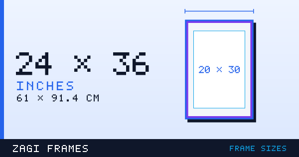 Scale diagram of a 24 by 36 inch picture frame, with a mat opening for a 20 by 30 inch print, showing the moulding, mat and artwork opening
