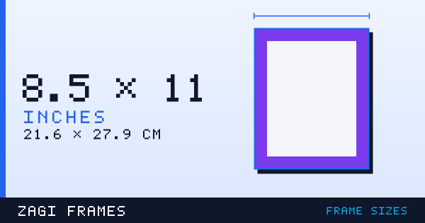 Scale diagram of a 8.5 by 11 inch picture frame, showing the moulding, mat and artwork opening